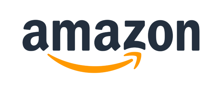 Amazon logo with black lowercase letters and an orange curved arrow underlining “amazon.”.