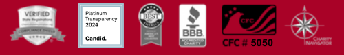 Five charity certification badges on a red background, including Platinum Transparency and Charity Navigator.