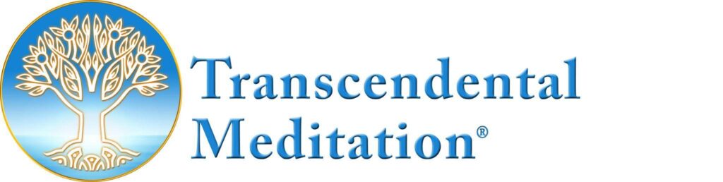Transcendental Meditation logo with a stylized tree and blue gradient background.