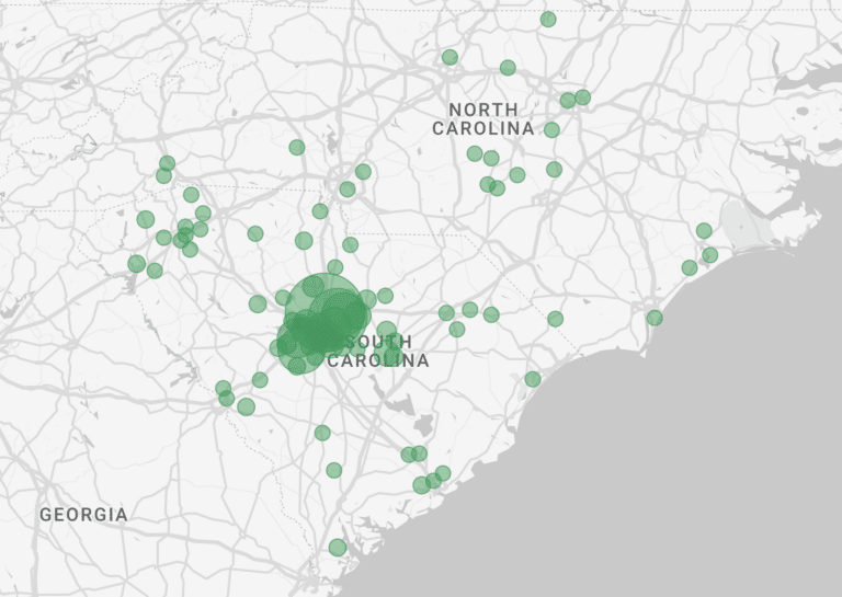Map of North and South Carolina with green dots showing data points, mostly clustered in central South Carolina.
