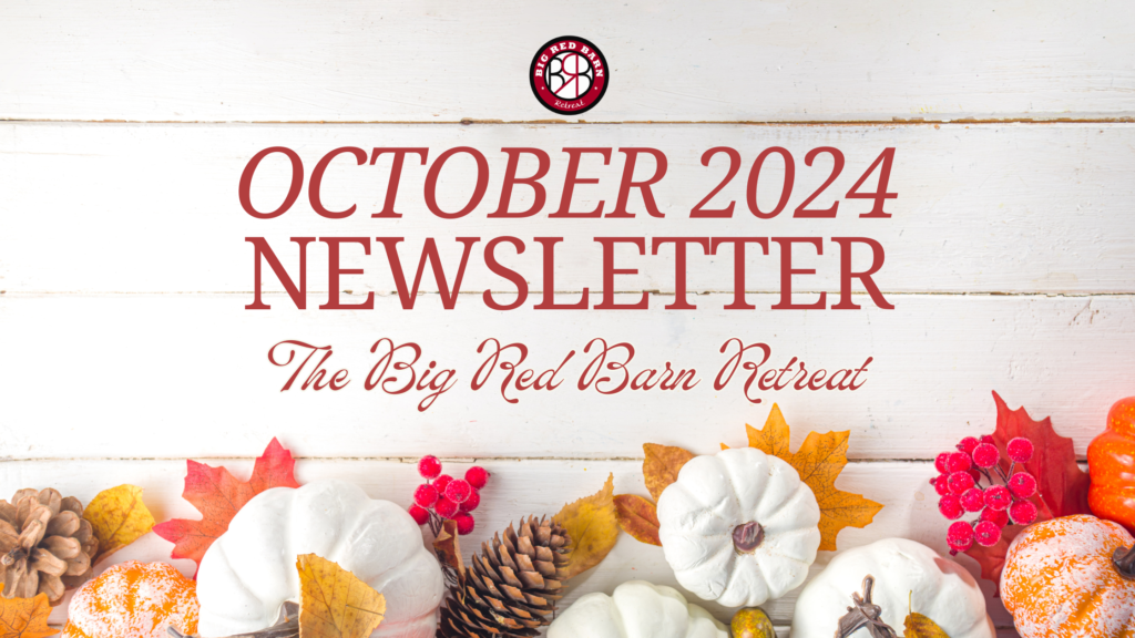 White pumpkins, autumn leaves, and pinecones border a sign reading October 2024 Newsletter: The Big Red Barn Retreat.