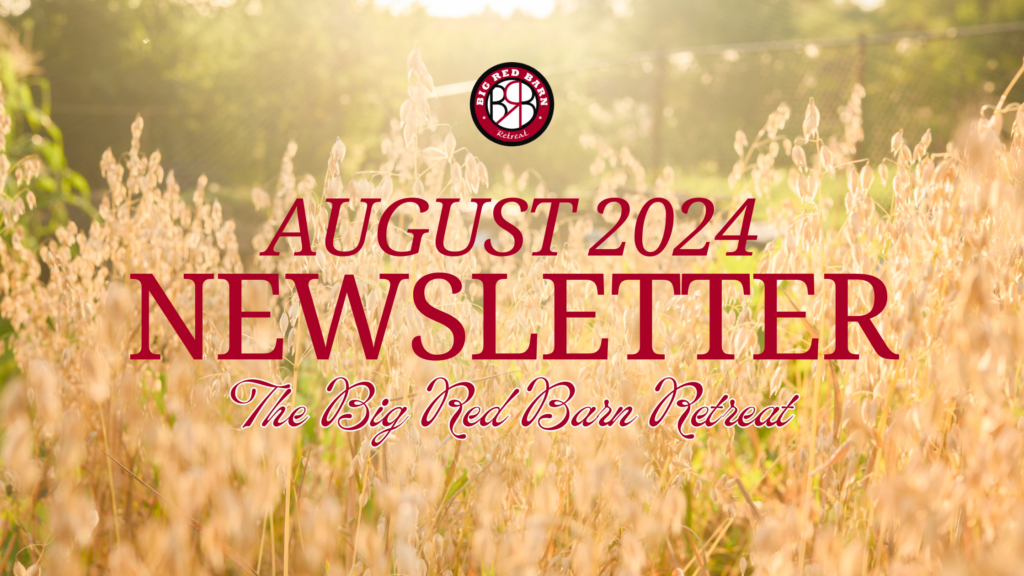 Golden field with sunlight, August 2024 Newsletter, The Big Red Barn Retreat text in bold red letters.
