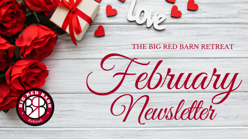 Red roses, a gift box, and hearts on a white wooden surface with February Newsletter text.