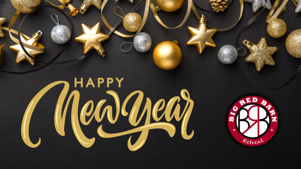 Gold and silver ornaments with Happy New Year text and a Big Red Barn Retreat logo on a black background.