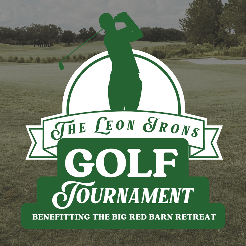 A golfer silhouette and The Leon Irons Golf Tournament Benefiting the Big Red Barn Retreat text.
