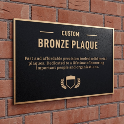 A custom bronze plaque mounted on a brick wall, featuring engraved text and a shield with laurel leaves.